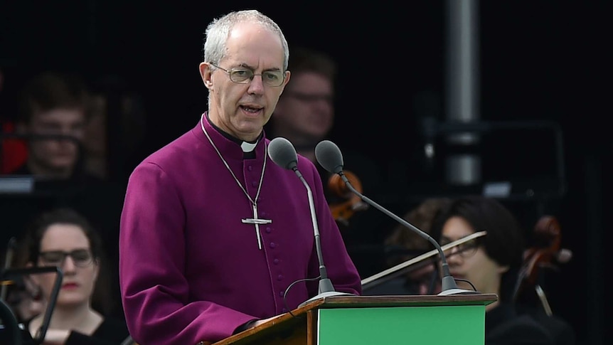 Archbishop of Canterbury Justin Welby speaks at a lecturn