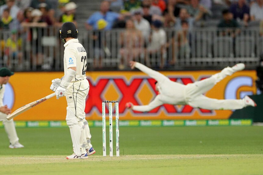 Kane Williamson watches as Steve Smith takes a spectacular catch in the slips to dismiss him.