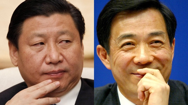 A composite of Xi Jinping looking thoughtful and Bo Xilai grinning while covering his mouth 