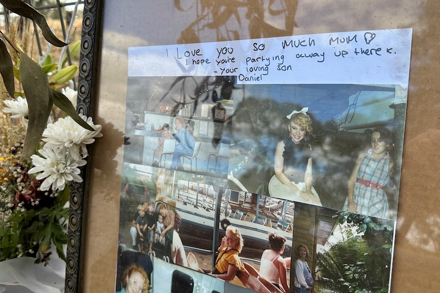 A photo frame with a collage of pictures of Debbie and a message from her son expressing his love. 