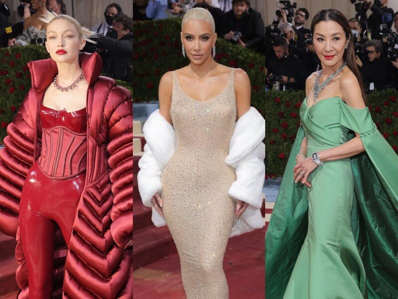 A composite image of three women dressed in gowns walking a red carpet