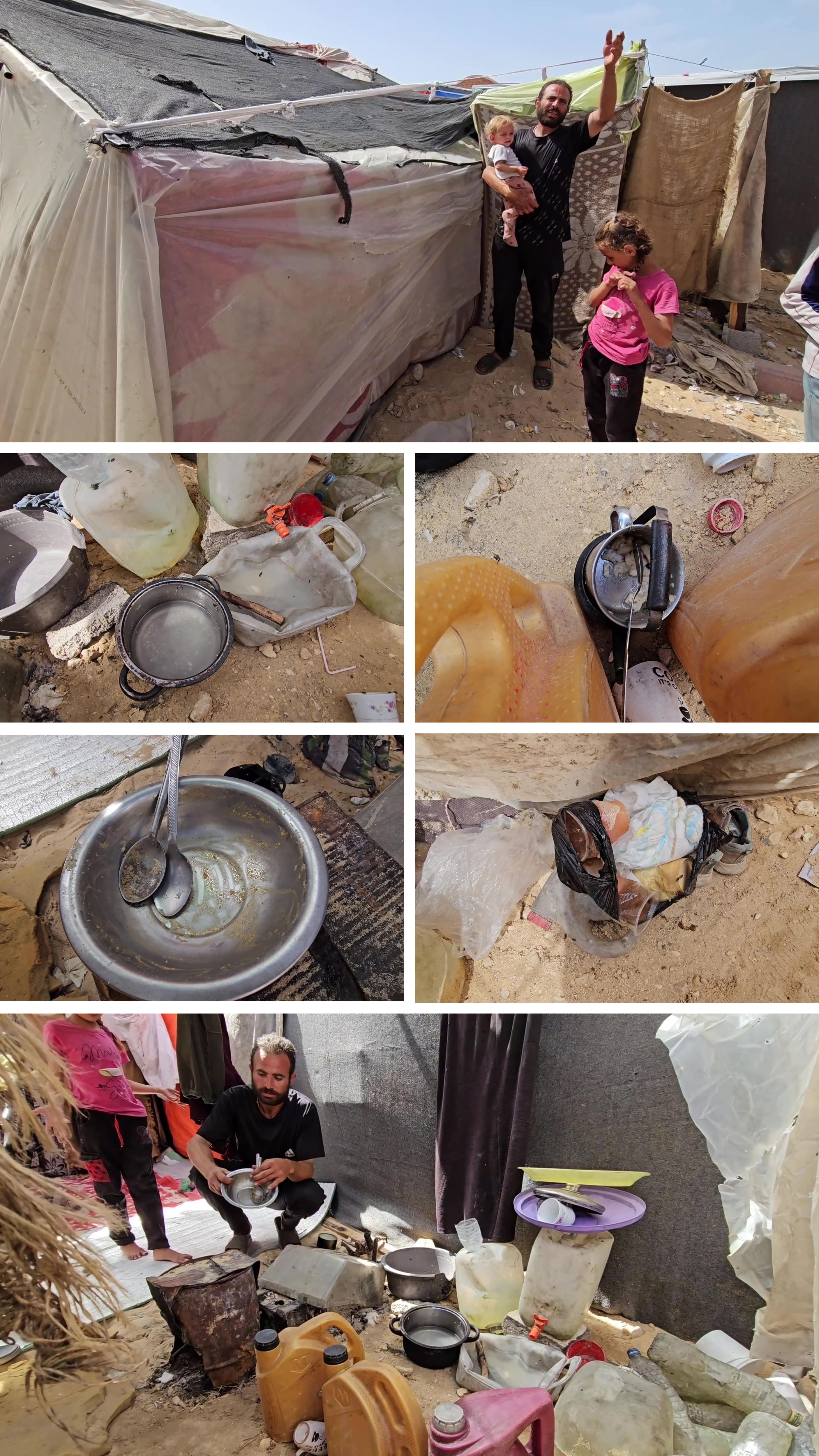 A grid of photos showing dirty dishes and trash inside a tent