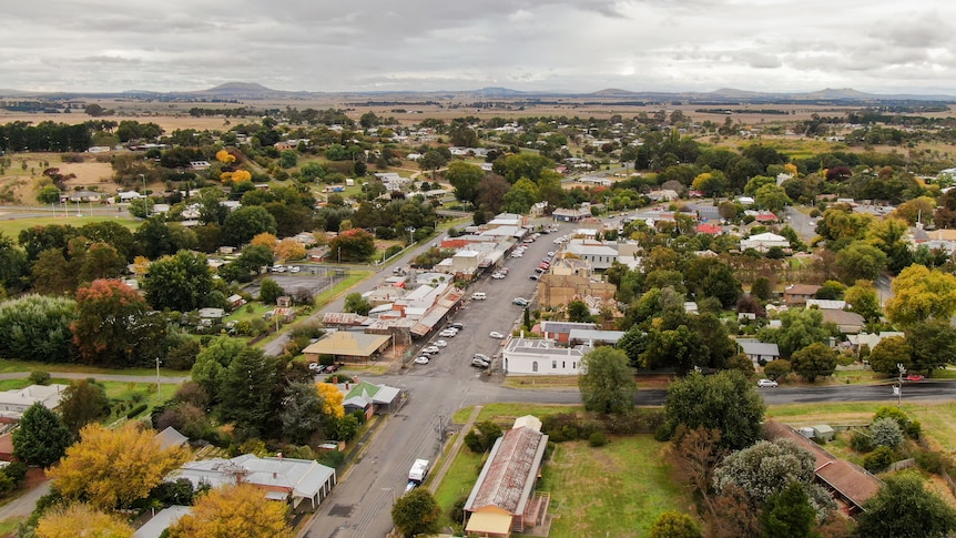 An aerial image of a country town with a street down the middle and lots of trees