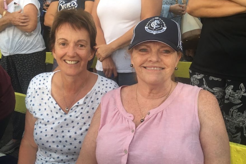 Carlton fans and footy mates Wendy Walter and Julie Leister.