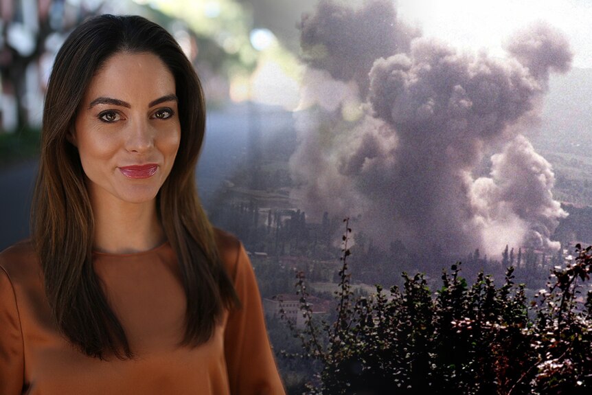 A composite image of Irena Ceranic in a garden setting and an archive photo of a big explosion.