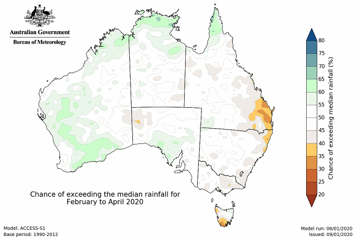 Map of Australia, mostly grey. Some green (indicating above average rain) in west but some orange (below average) in east