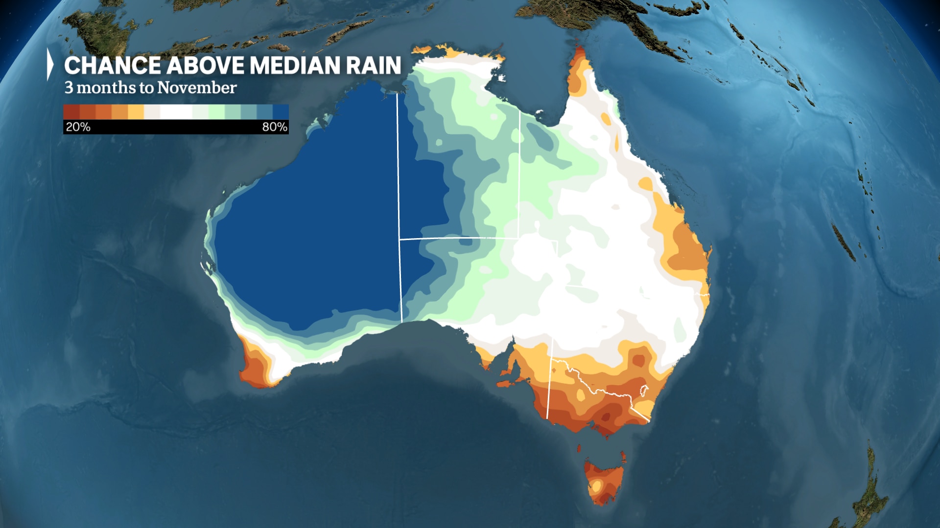 a weather map of australia shows spring tipped to be  wet across much of WA and the NT