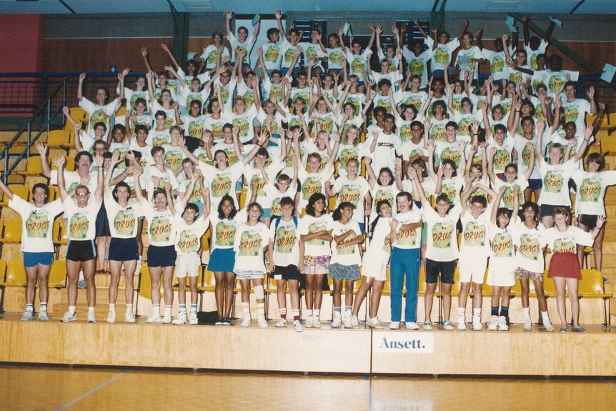 A large group of people wearing 'Say No to Drugs' shirts during a campaign in March 1990.