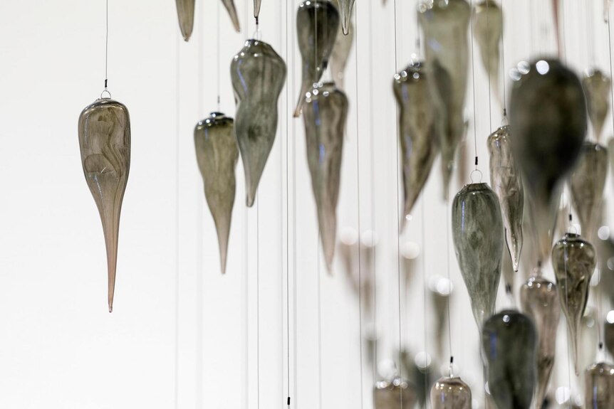 A collection of yams made of glass, hanging suspended by wire, in a white gallery space. The collection is shaped like a cloud.