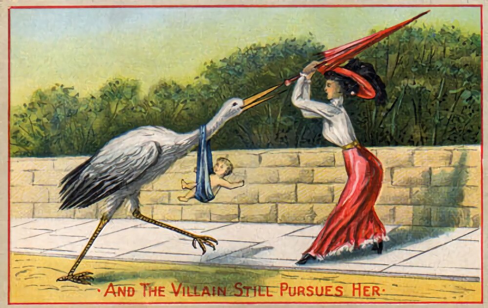 A cartoon of a large white bird running toward a woman in a red skirt. bird has baby. woman tries to hit with umberella