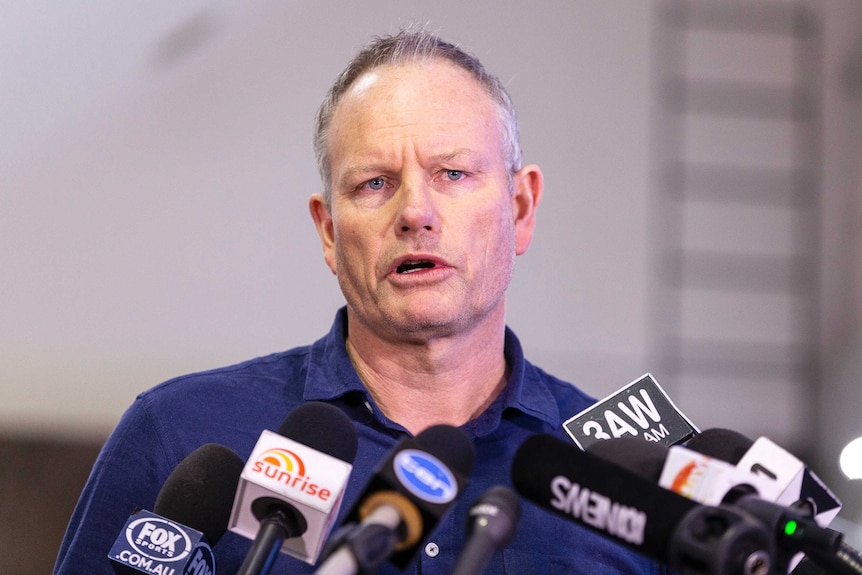 Basketball Australia chairman Ned Coten speaks to the media at Melbourne Airport, on July 4, 2018.