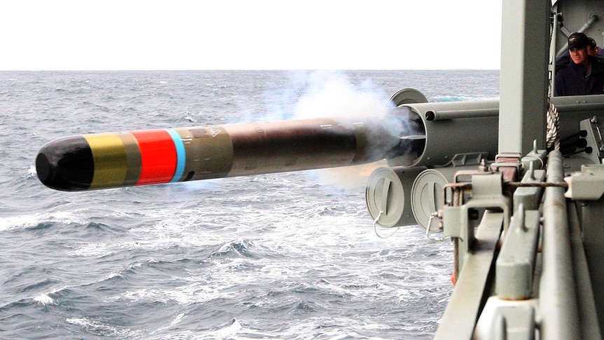 An MU90 Light Weight Anti-Submarine Warfare Torpedo fired from HMAS Toowoomba