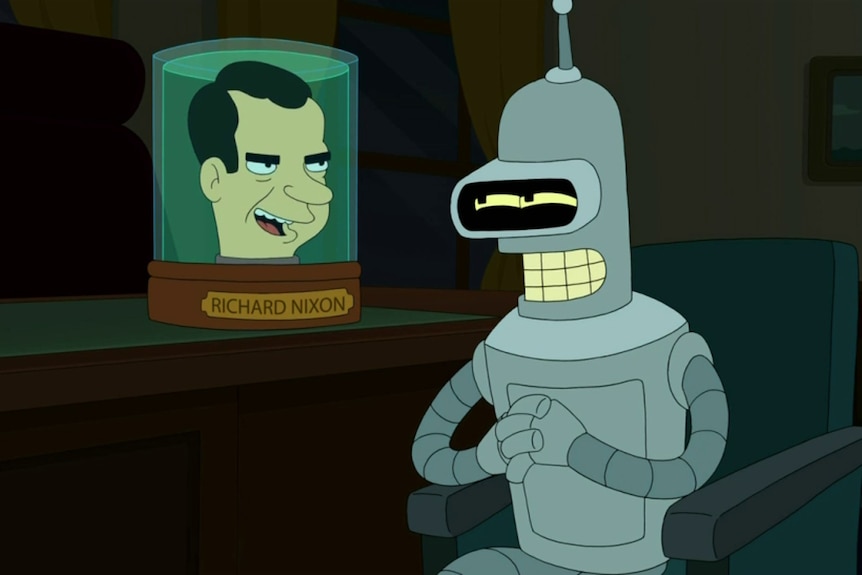 A cartoon head in a jar talks with a cartoon robot.
