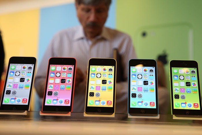 iPhone 5c models on display after their launch in California.
