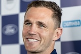 Joel Selwood smiles during a media conference in 2022.
