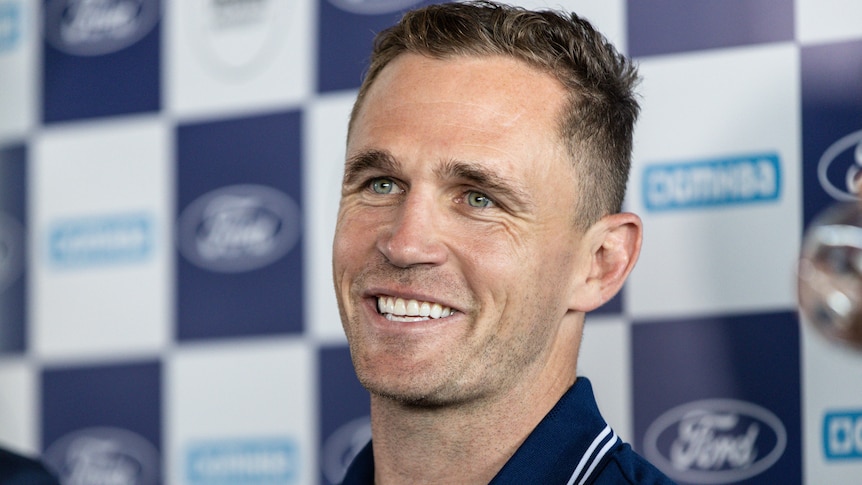 Joel Selwood smiles during a media conference in 2022.