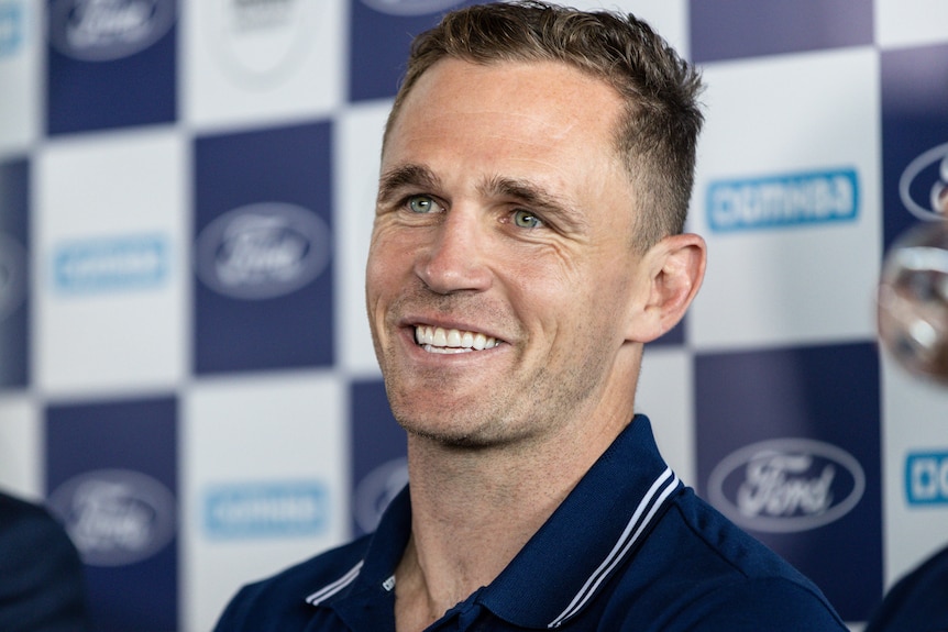 Joel Selwood smiles during a media conference in 2022.