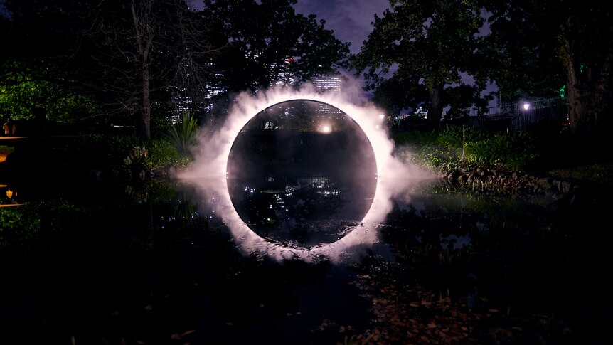 A bright outline of an orb floating in a lake, an installation at The Wilds at arts festival Rising