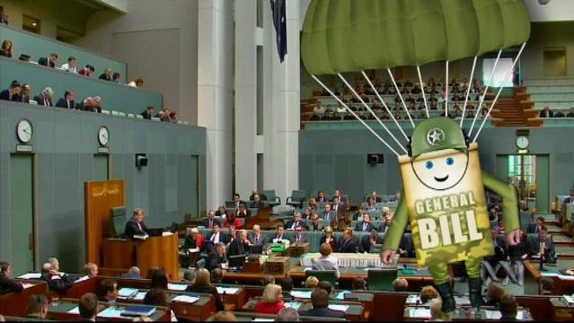 House of Representatives in session, image of man in parachute overlaid