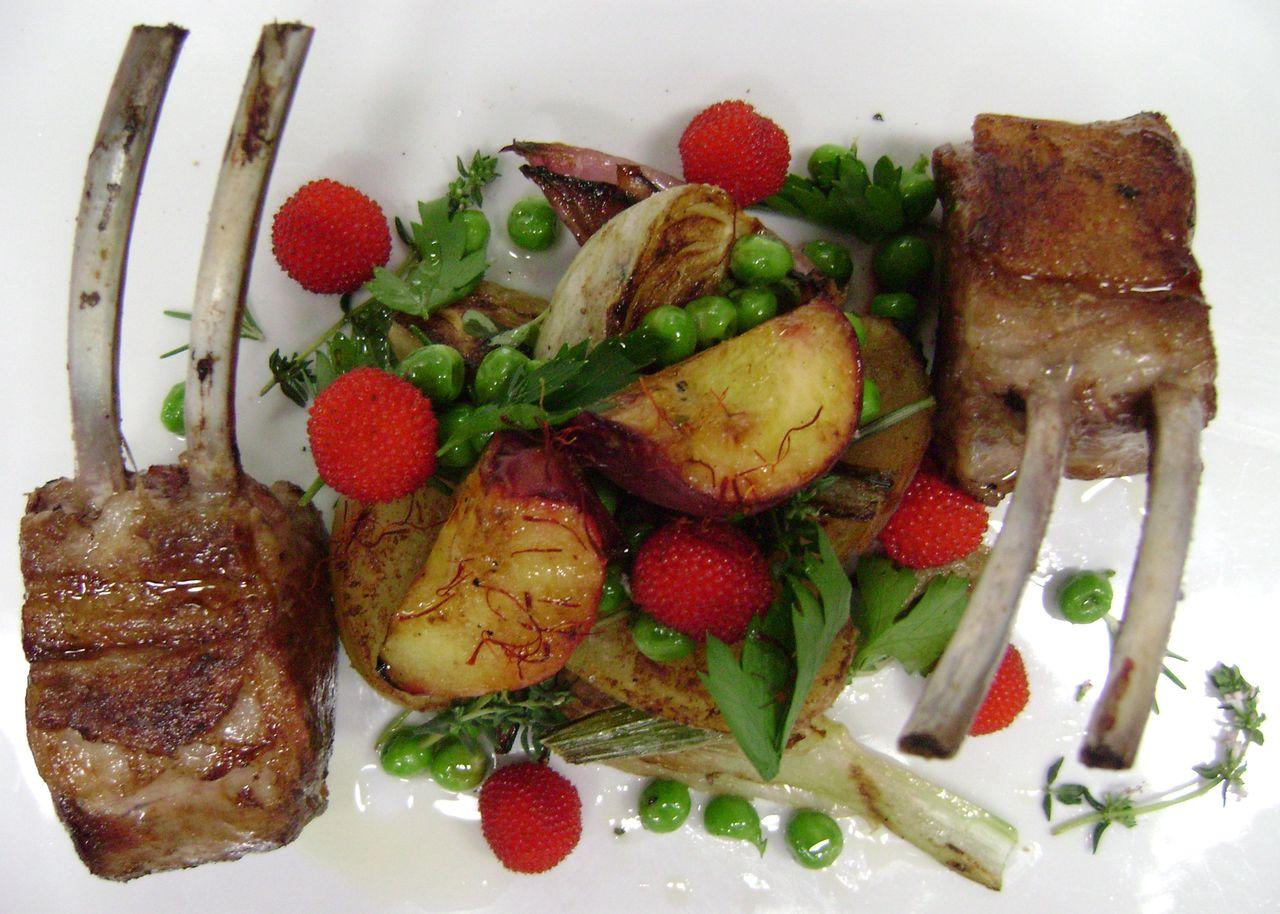 Lamb and vegetables on a plate.