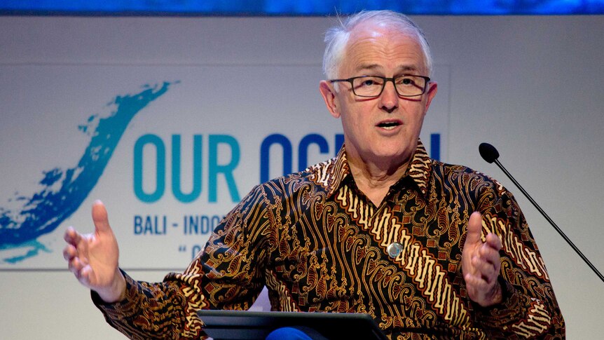 Australia's former prime minister Malcolm Turnbull wears a batik shirt while giving a speech during a conference in Bali.