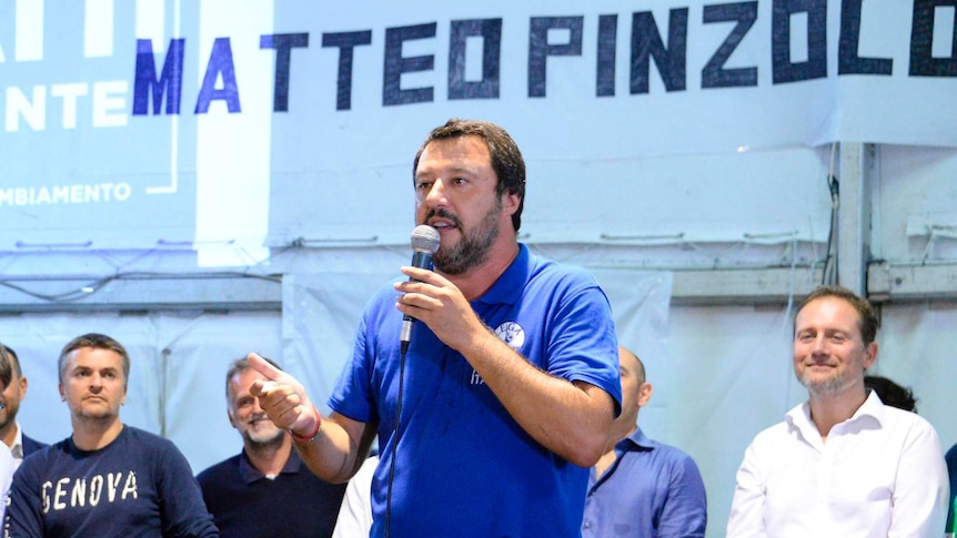 Matteo Salvin speaks at a Lega party's meeting.