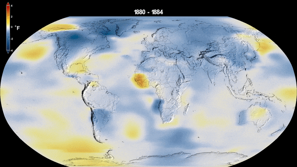 A timelapse of a flattened out map of Earth going from blue cool temperatures to yellow and red hot temperatures