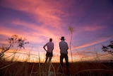 Two people stand looking at a purple sunset