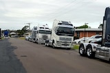 Four trucks, not carrying trailers, are parked on the side of a residential street in Horsham 