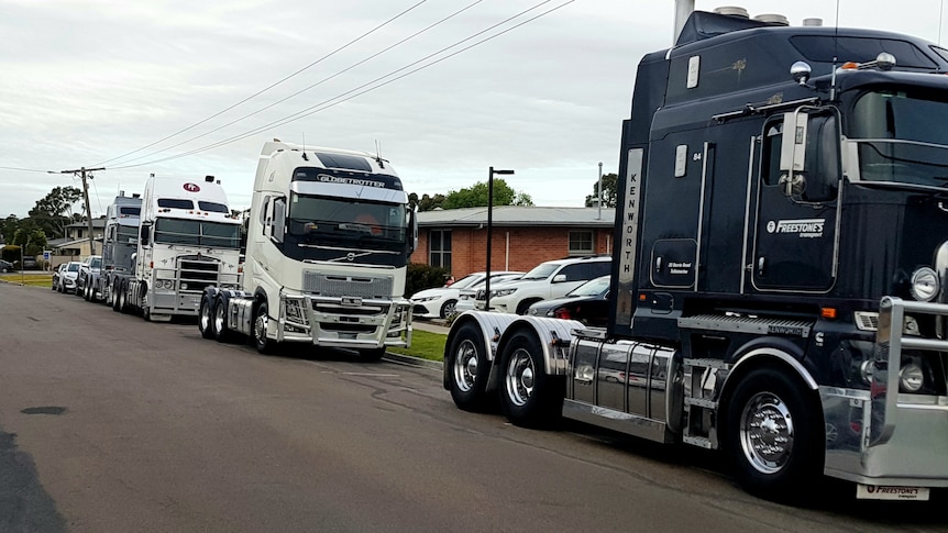 Four trucks, not carrying trailers, are parked on the side of a residential street in Horsham 