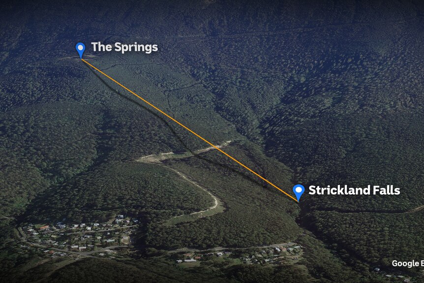 A graphic shows an orange line travelling over a green hill from a point marked the Springs to Strickland Falls