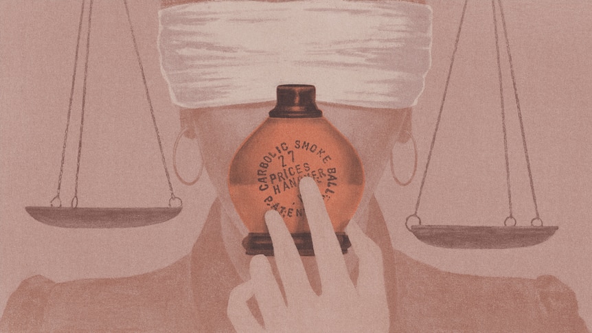 Pink toned illustration of a round object held up by a blindfolded Lady of Justice
