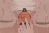 Pink toned illustration of a round object held up by a blindfolded Lady of Justice