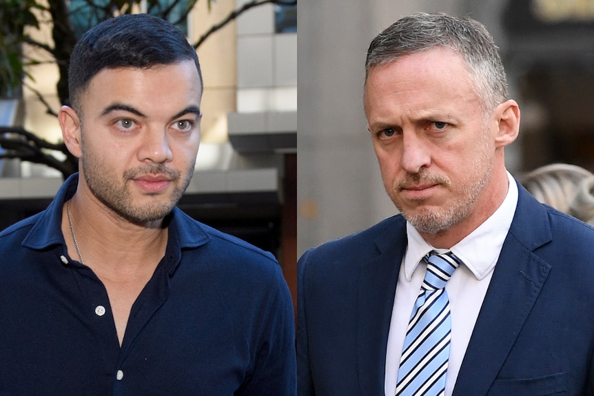 a composite image of two men walking into court