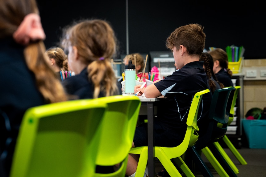 A row of students sit at their desks on green plastic chairs in a primary school classsroom.