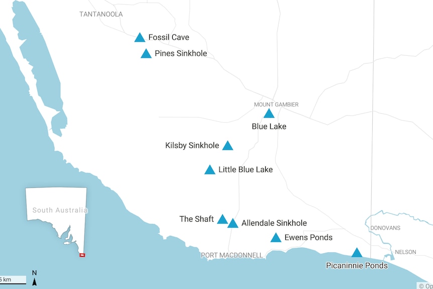 A map with several points highlighting the location of sinkholes.