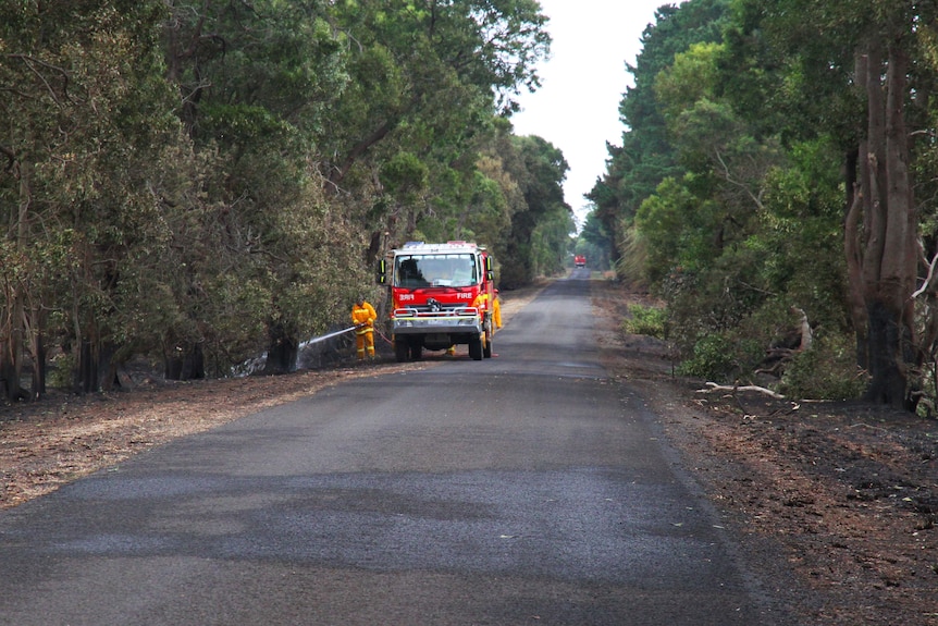 A CFA volunteer hoses down a small fire on the side of tree-lined country road