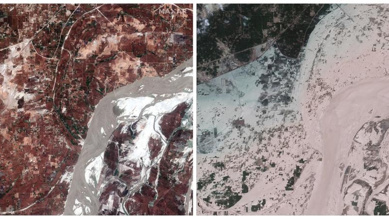  Maxar Technologies shows the Indus River in the aftermath of flooding in Rajanpur, Pakistan. 
