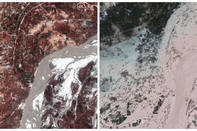  Maxar Technologies shows the Indus River in the aftermath of flooding in Rajanpur, Pakistan. 