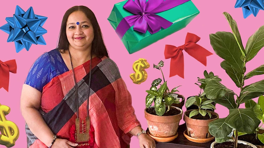 A woman and her indoor plants with gifts, bows and dollar signs in the background, cheap indoor plant present ideas.