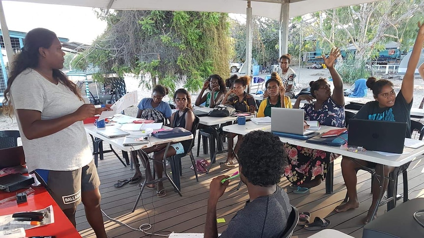 Students at work in the open-air classroom at Wuyagiba outstation