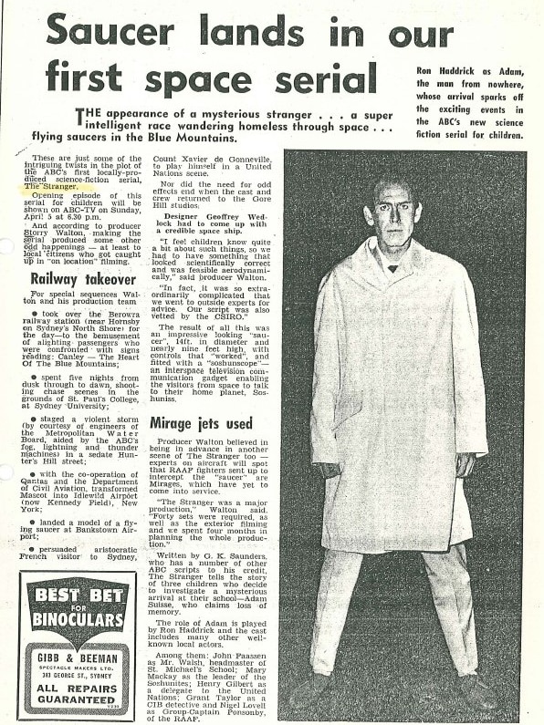 Newspaper article with headline 'Saucer lands in our first space serial' and photo of Haddrick in raincoat.