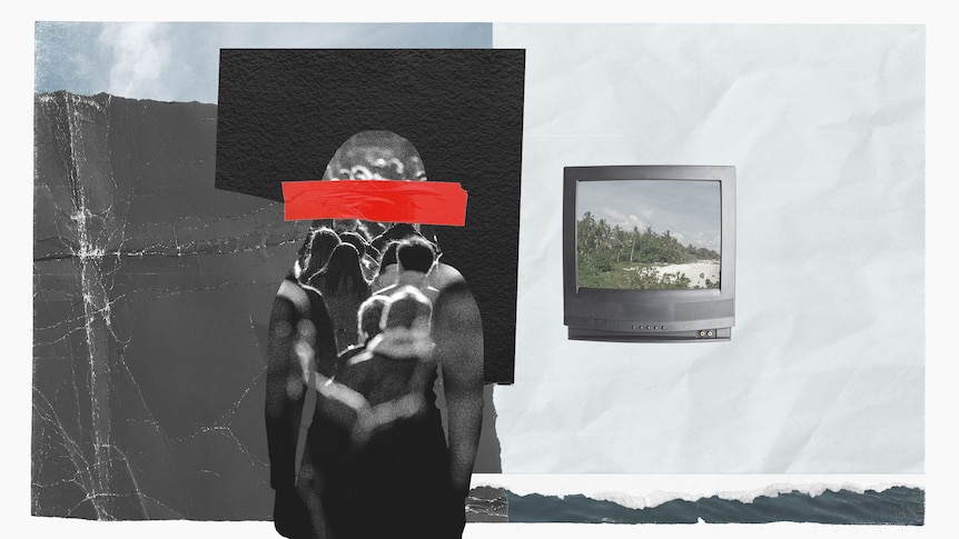 A collage of a sillouhetted woman and a tv screen with an image of a beach