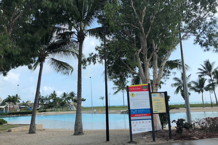 The temporarily closed lagoon at Airlie Beach where a man and his five-year-old son drowned on October 29, 2018.