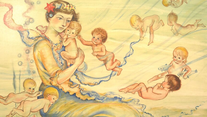 A fantasy painting of a young mother underwater, serenely holding an infant, as other infants swim towards her
