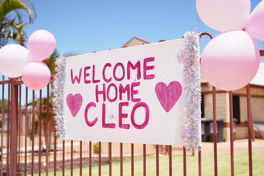 A sign with balloons and pink writing posted on a fence
