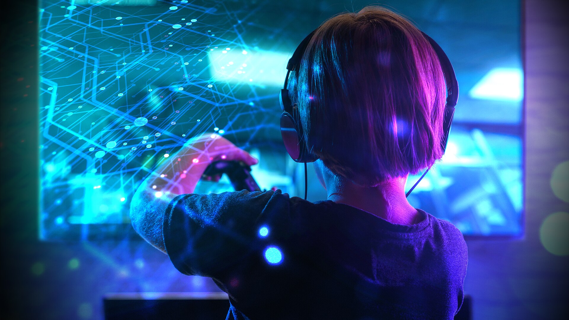 A digital illustration of a boy wearing headphones playing a video game online