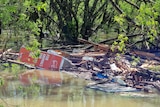 Flood debris washed up on a river bank