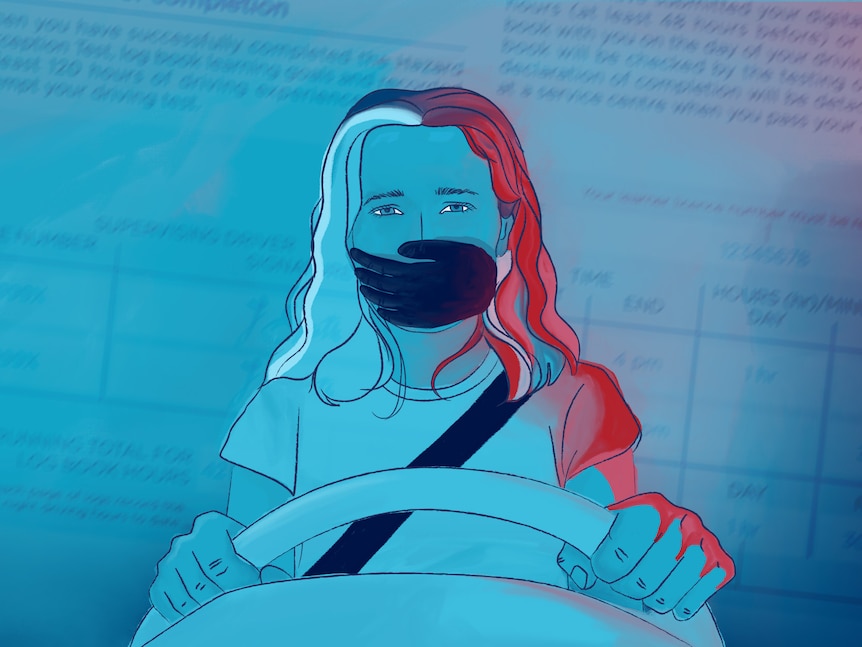 Illustration of a girl sitting behind the driving wheel with her hands on it while a hand is over her mouth