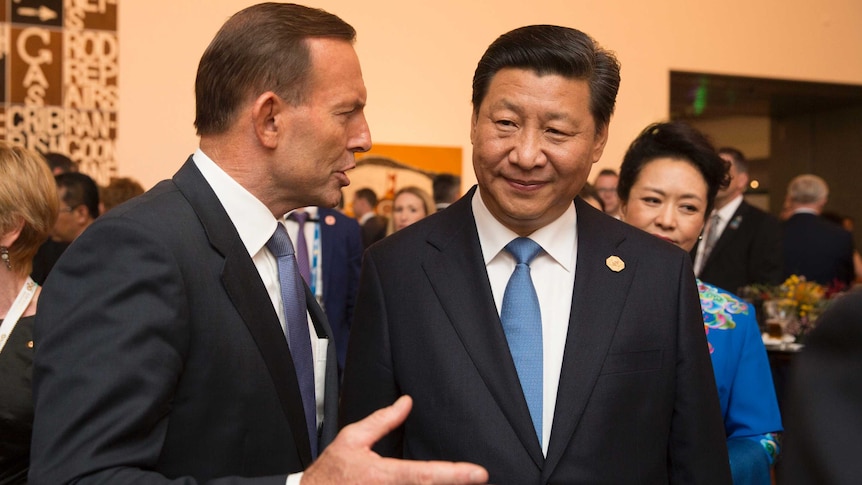 Tony Abbott speaks with Xi Jinping at the G20 Leaders' Summit in Brisbane.